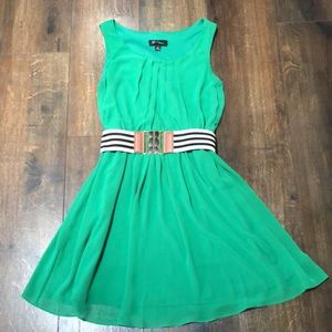 Green, Sleeveless Chiffon Dress with Striped Belt